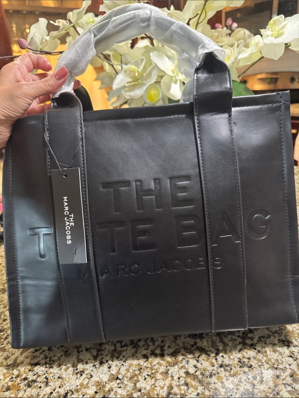 Marc Jacobs Black The Tote Bag Embossed Logo Leather Tote